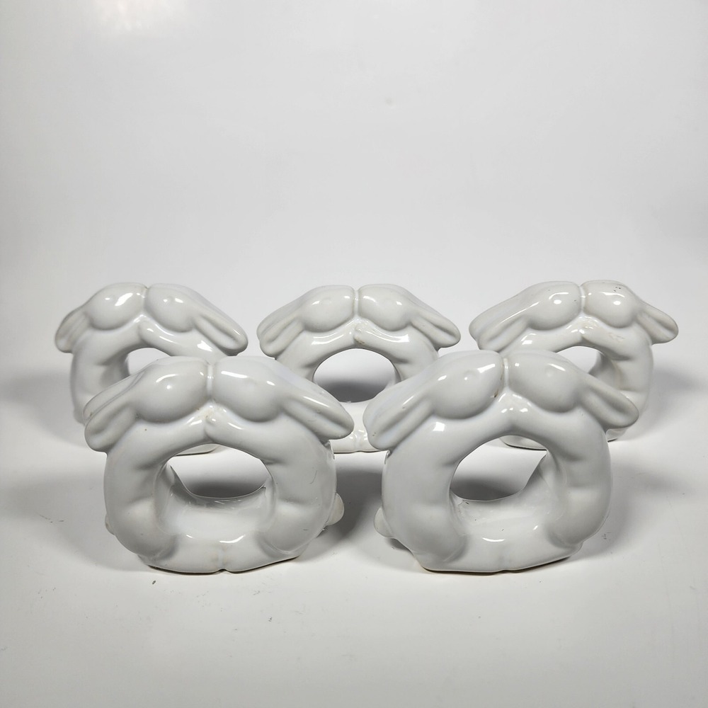 Pottery Barn Kissing Bunnies White Rabbit Napkin Rings Set Of 5 Ceramic Easter